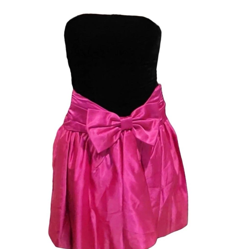 Vtg Scarlett Nite Prom Dress Pink Black Velvet Short Bubble Strapless Bow 7/8 - Picture 2 of 12